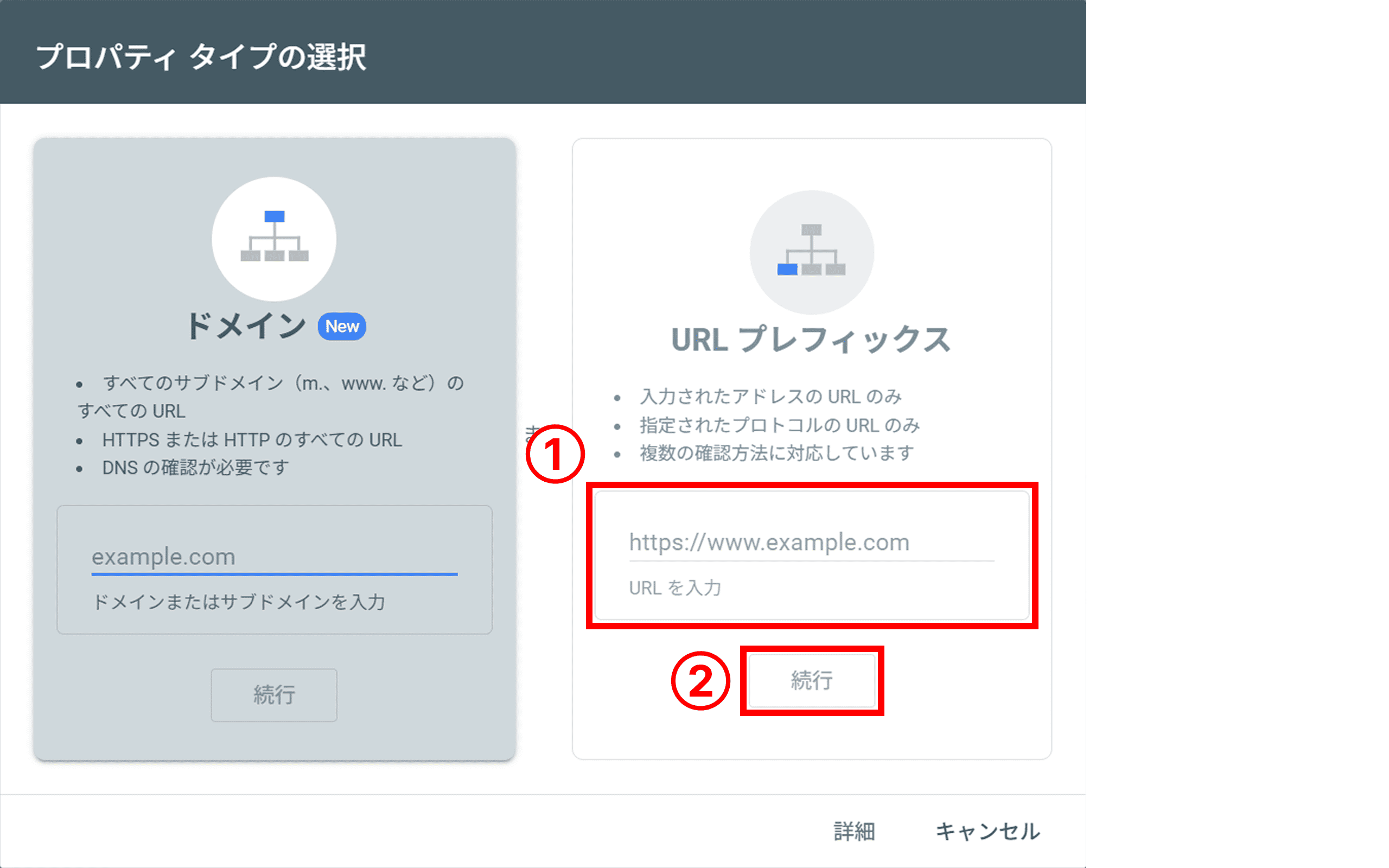 URLプレフィックスを選択し、ドメインを入力