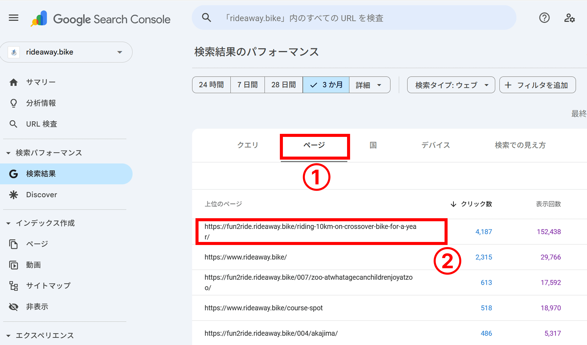サイト全体の「ページ別」の順位推移を確認する手順