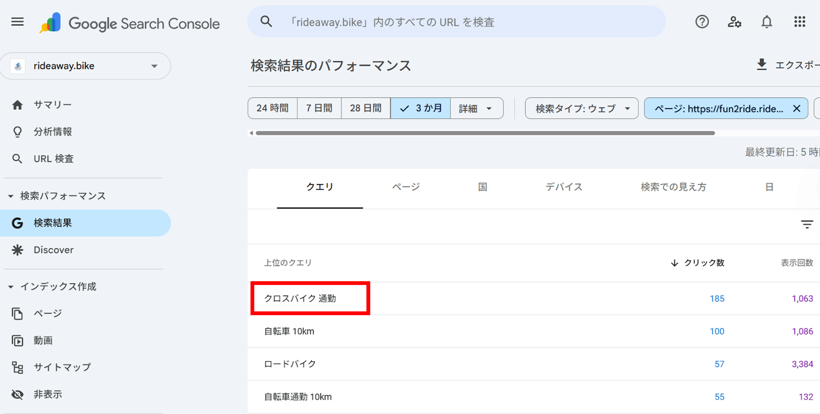 「キーワード（クエリ）別」の検索順位の推移を確認する手順